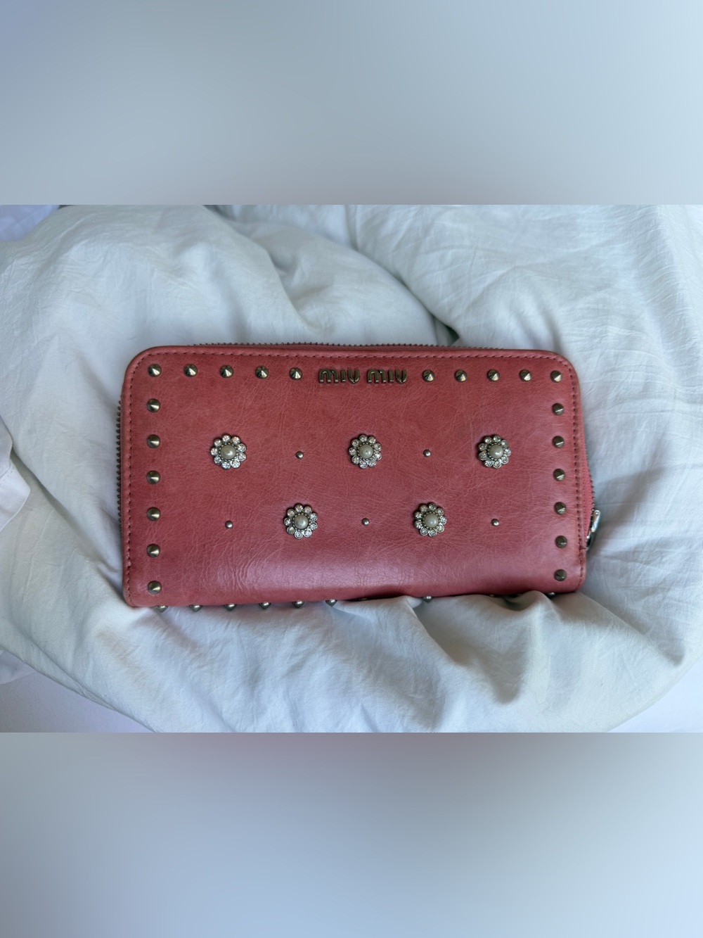 Miu Miu Madras Zip Around Wallet — Pink Studded Leather w/ Crystal Flowers